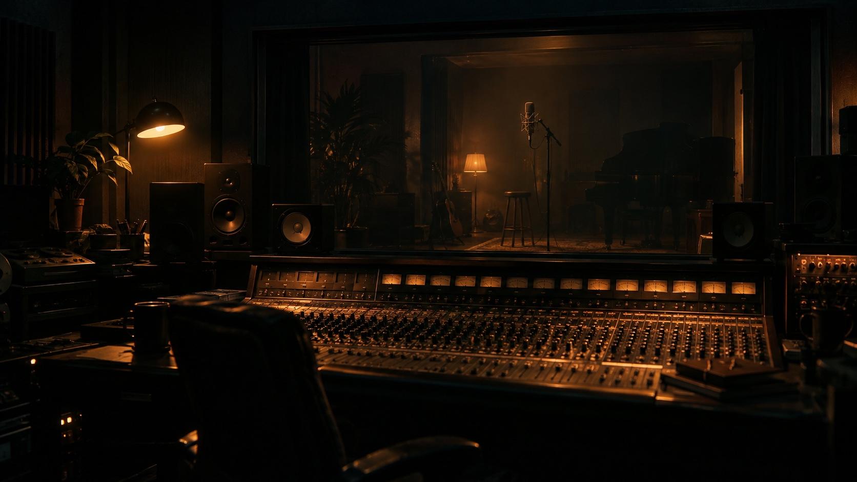 Mörkt kontrollrum i en musikstudio med mixerbord i varmt lampljus och en sångmikrofon bakom glaset