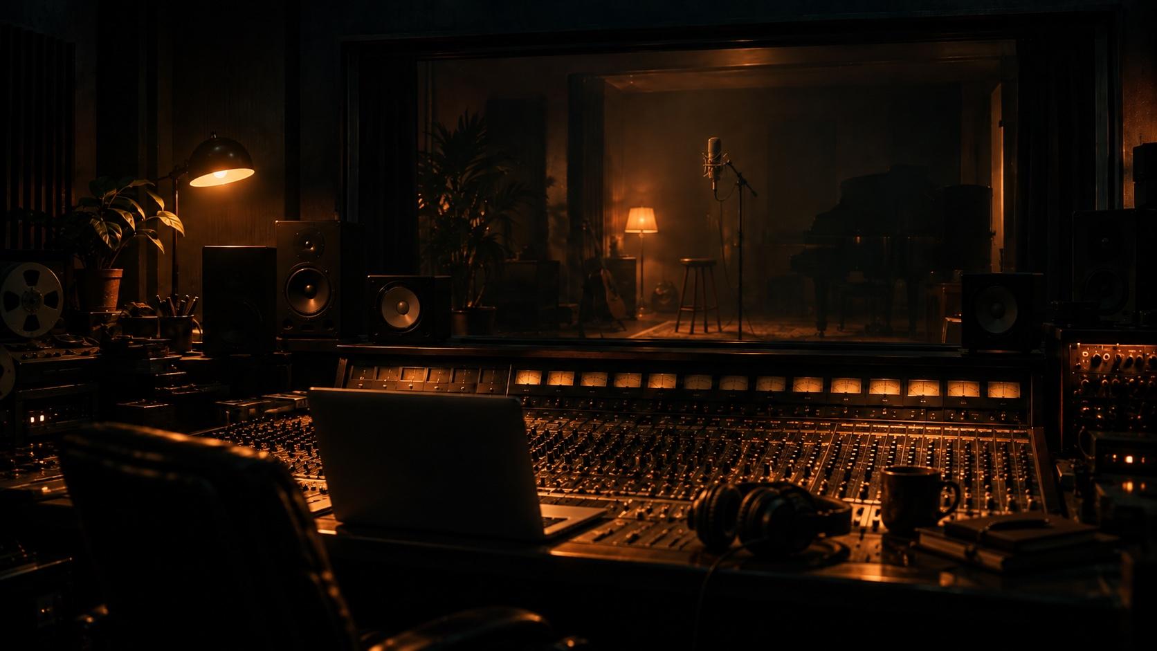 Kontrollrum i en mörk studio med laptop och hörlurar på mixerbordet, och en sångmikrofon i inspelningsrummet bakom glaset i varmt lampljus