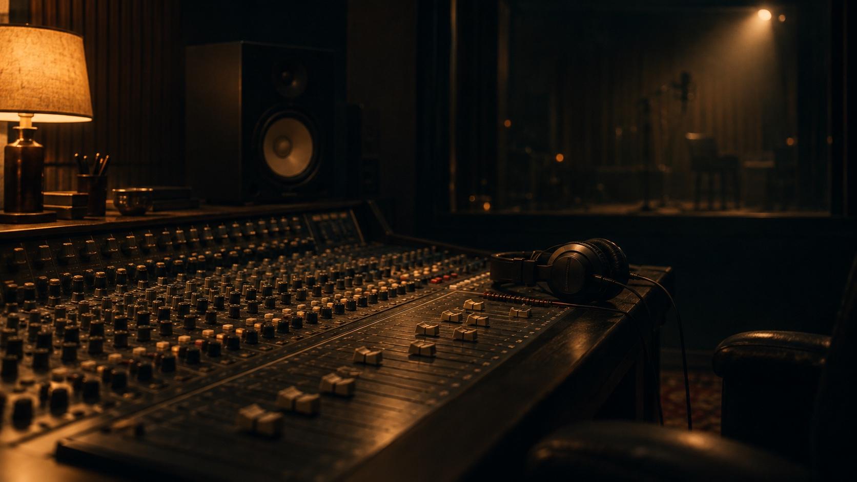 Mixerbord i en mörk studio, upplyst av en varm bordslampa, med hörlurar som vilar på reglarna