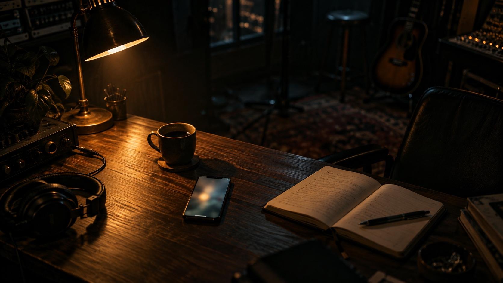 En mobil ligger på ett studiobord i varmt kvällsljus, bredvid en kaffekopp och ett uppslaget anteckningsblock