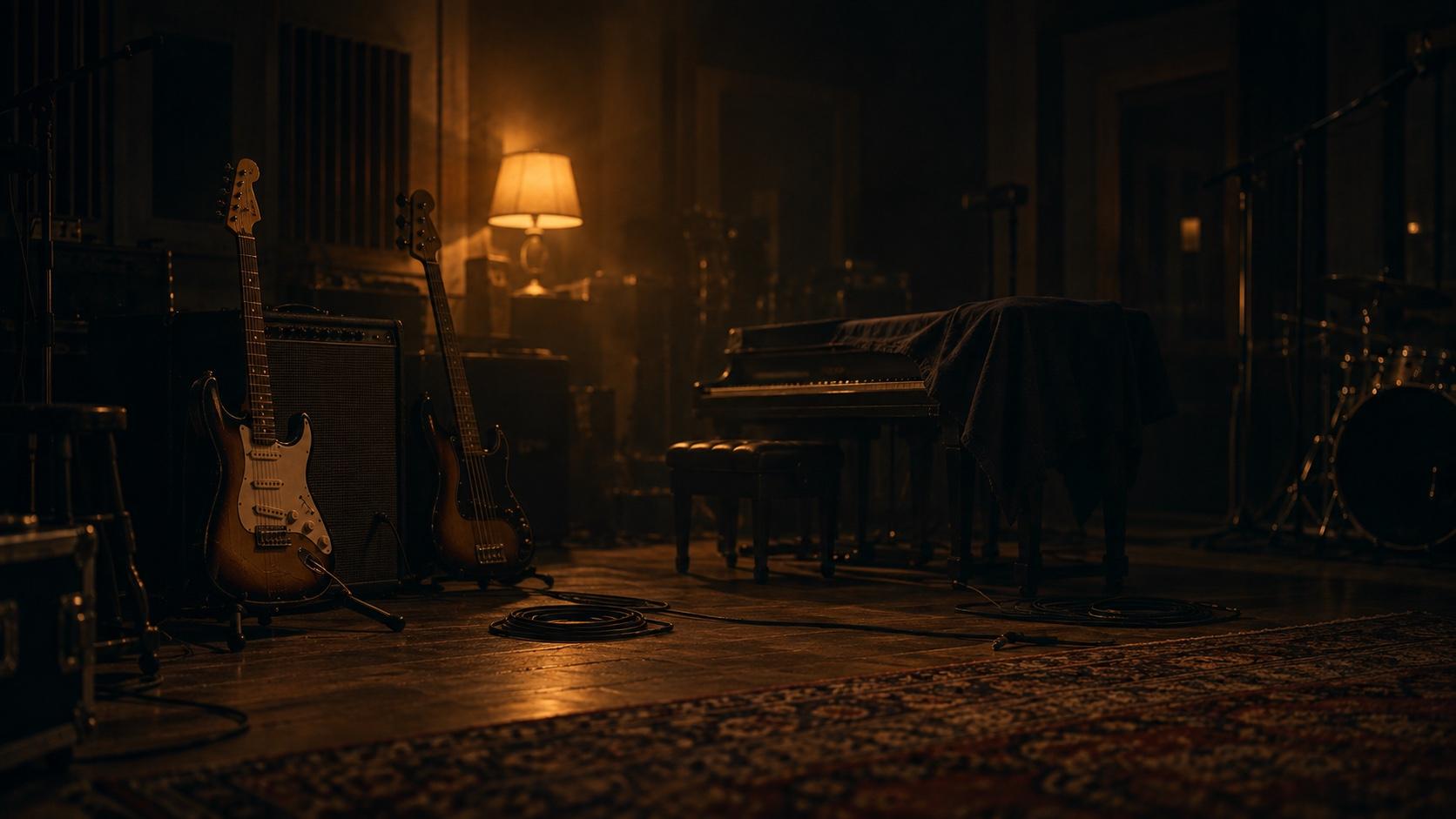Elgitarr, bas, förstärkare och klaviatur i ett mörkt inspelningsrum, med en varm lampa bakom instrumenten