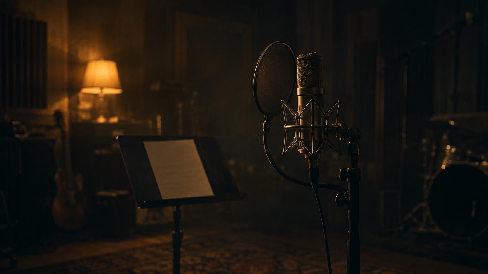 Sångmikrofon med popfilter i ett mörkt inspelningsrum, upplyst från sidan av en varm lampa